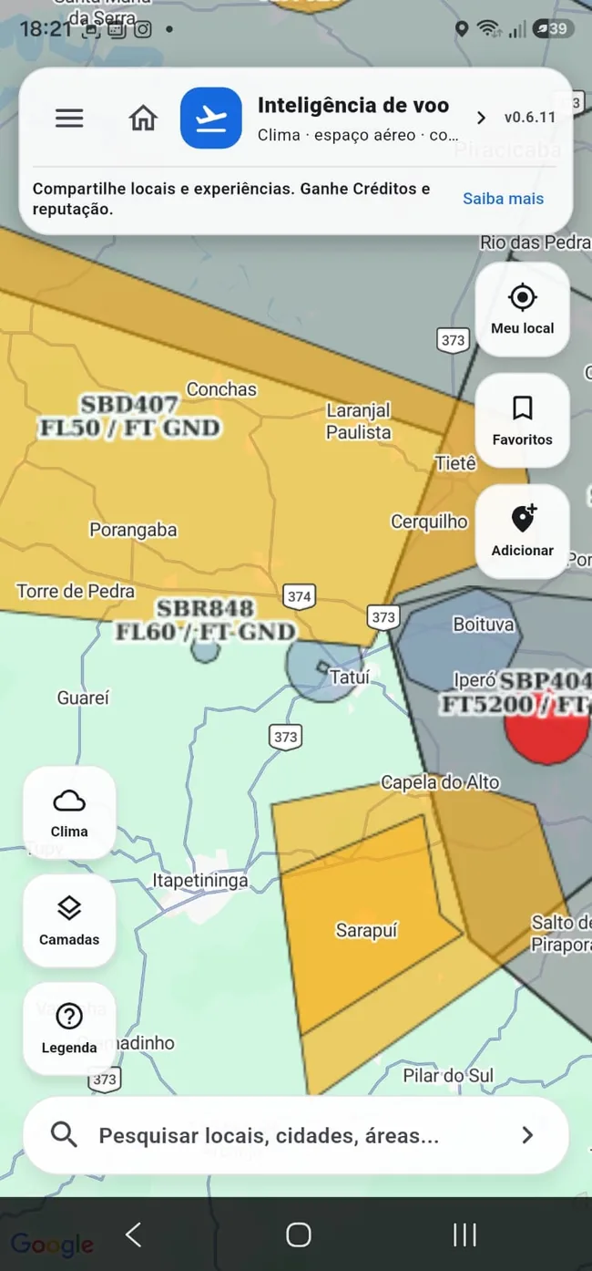 Mapa do Takeoff Max com camadas de espaço aéreo para drones